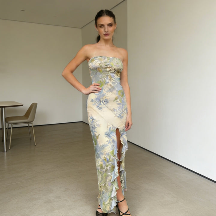 Damen Strapless Maxikleid mit Rüschen und floralem Muster Drune