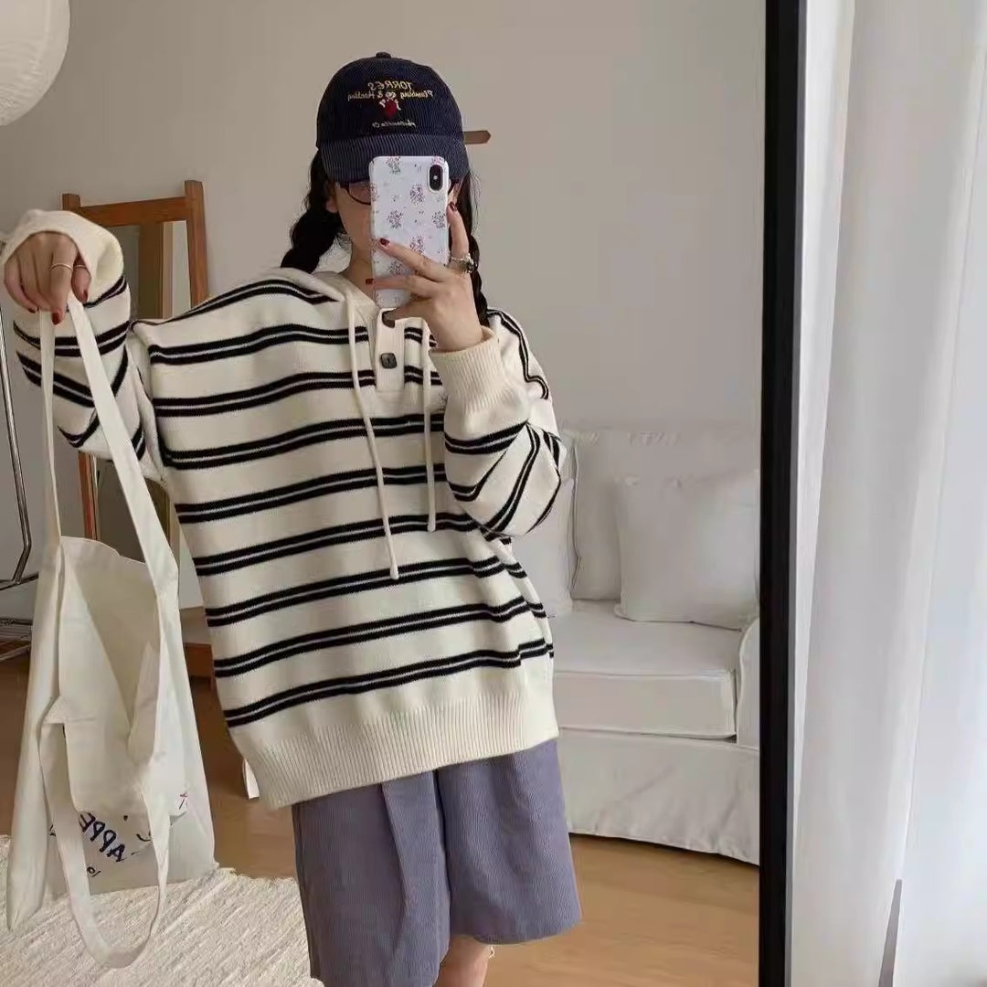 Damen lässiger Streifenpullover mit Knopfleiste und Kapuze Drune