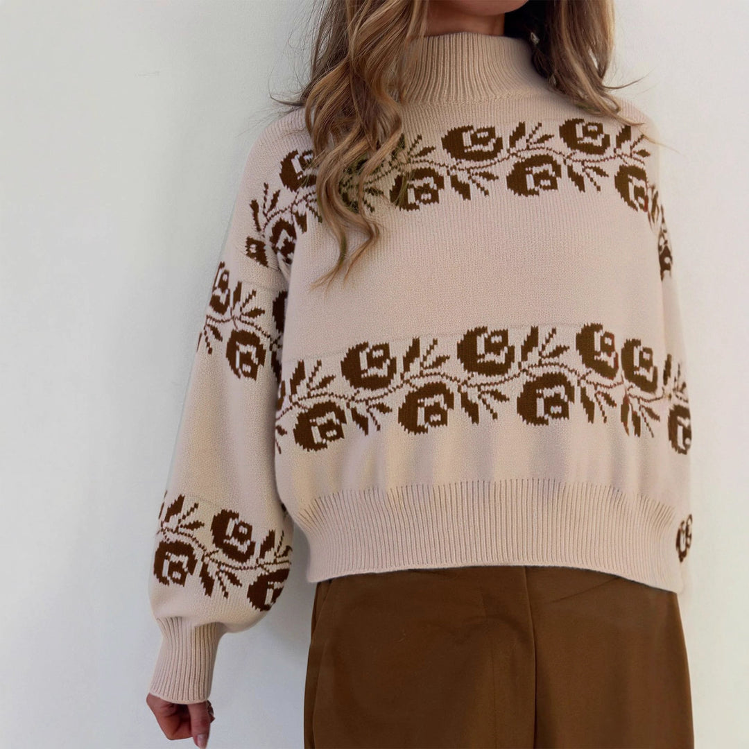 Damen Strickpullover mit floralem Jacquard-Muster und hohem Kragen Drune