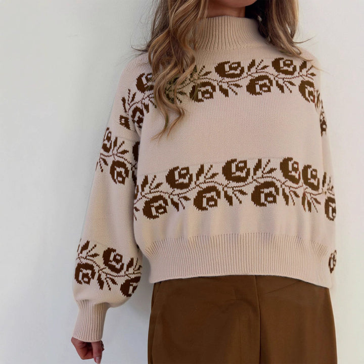 Damen Strickpullover mit floralem Jacquard-Muster und hohem Kragen Drune