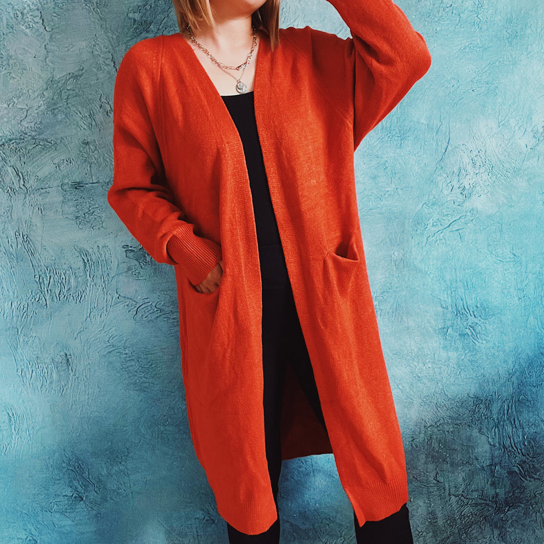 Damen lässige Strickjacke mit tiefem Schnitt und praktischen Taschen Drune