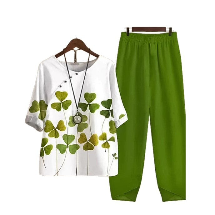 Damen nan zweiteiliges Freizeitset mit Kleeblatt-Print-Tunika und elastischer Komfortbund-Hose Drune