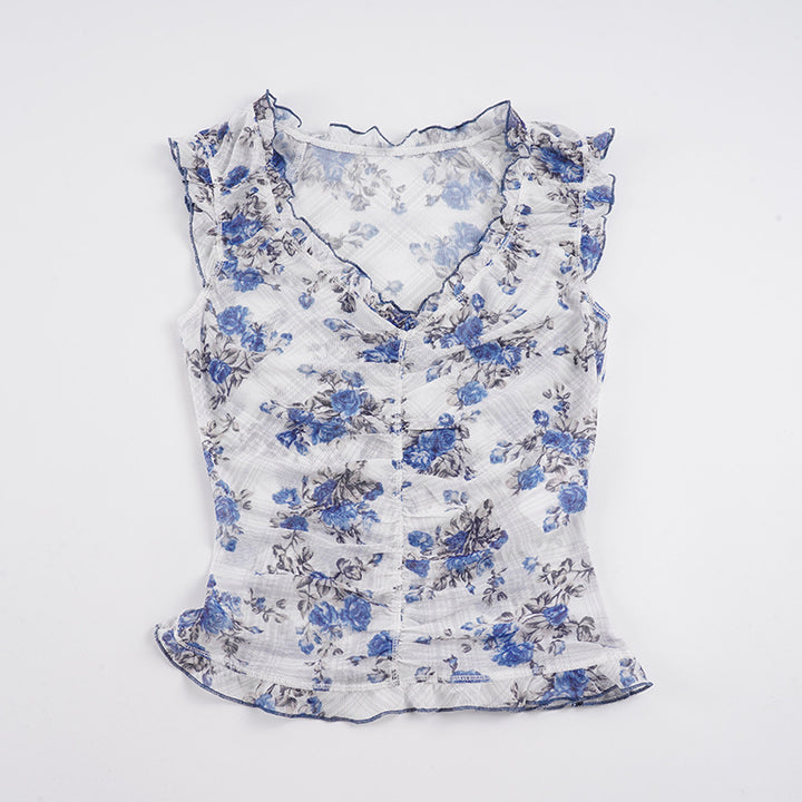 Damen Blusentop mit Rüschendetails und floralem Muster Drune