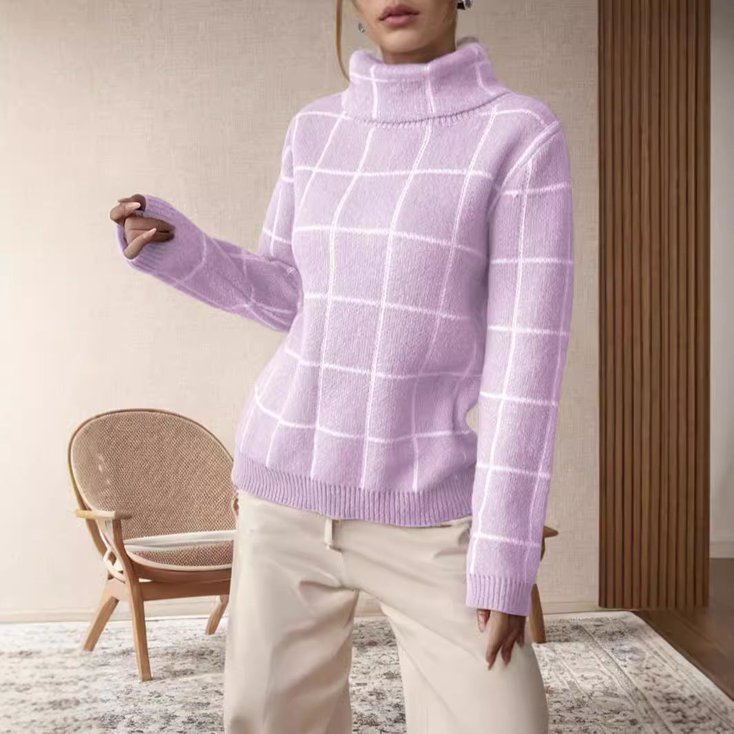 Damen lässiger Grobstrickpullover mit modernem Karomuster und hoher Kragen Drune