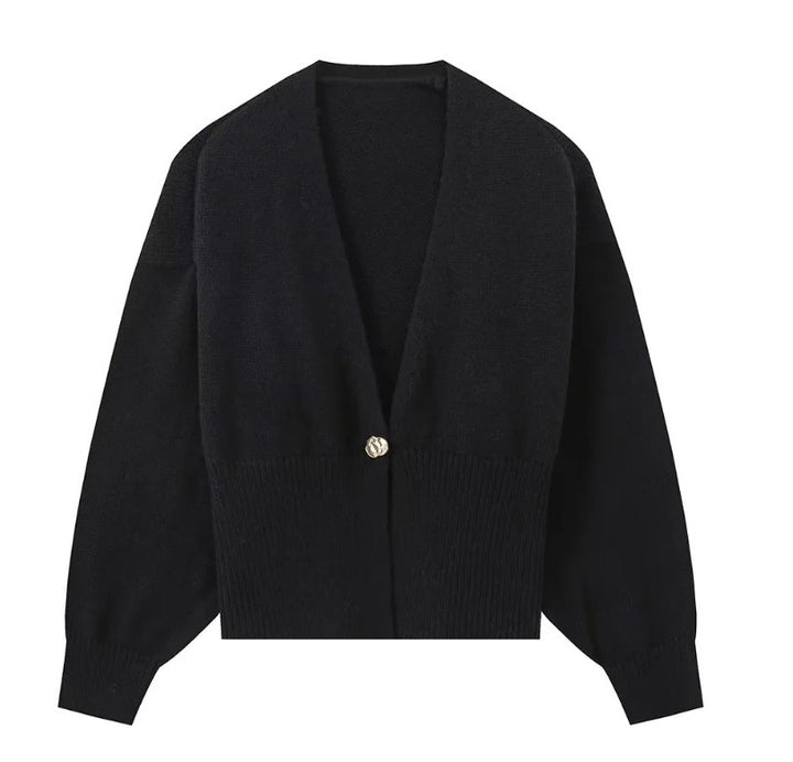 Damen elegante Strickjacke mit tiefem V-Ausschnitt und Knopfdetail Drune