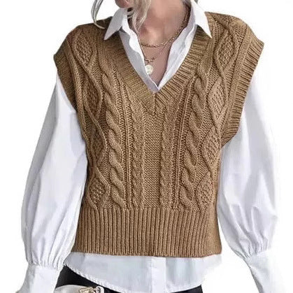Damen Strickpullover im Vintage-Look mit V-Ausschnitt und Zopfmuster Drune