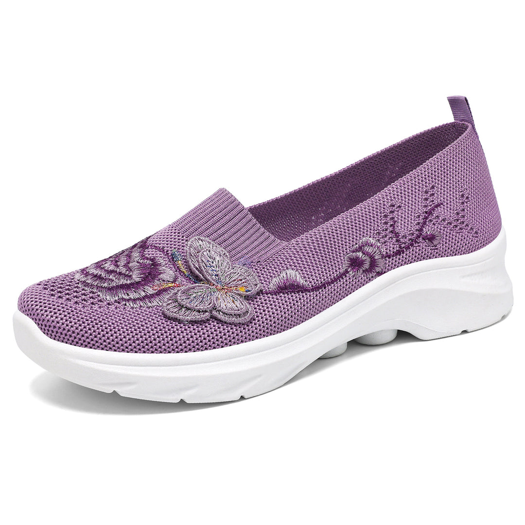 Damen nan gestrickte Slip-On Slipper mit Schmetterlings-Stickapplikation und dämpfender EVA-Plateausohle Drune