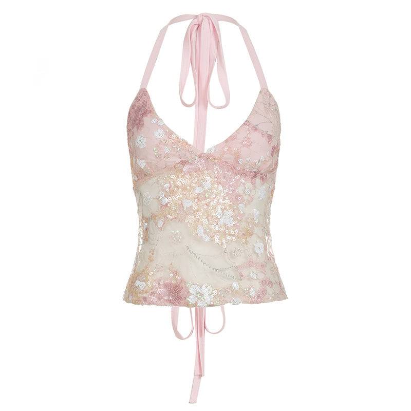 Damen Spitzen-Bandeau-Oberteil mit Blumenapplikationen und verstellbaren Trägern Drune