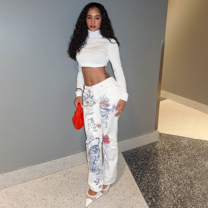 Damen Lässige High-Waist Jeans mit kreativen Tattoo-Prints Drune