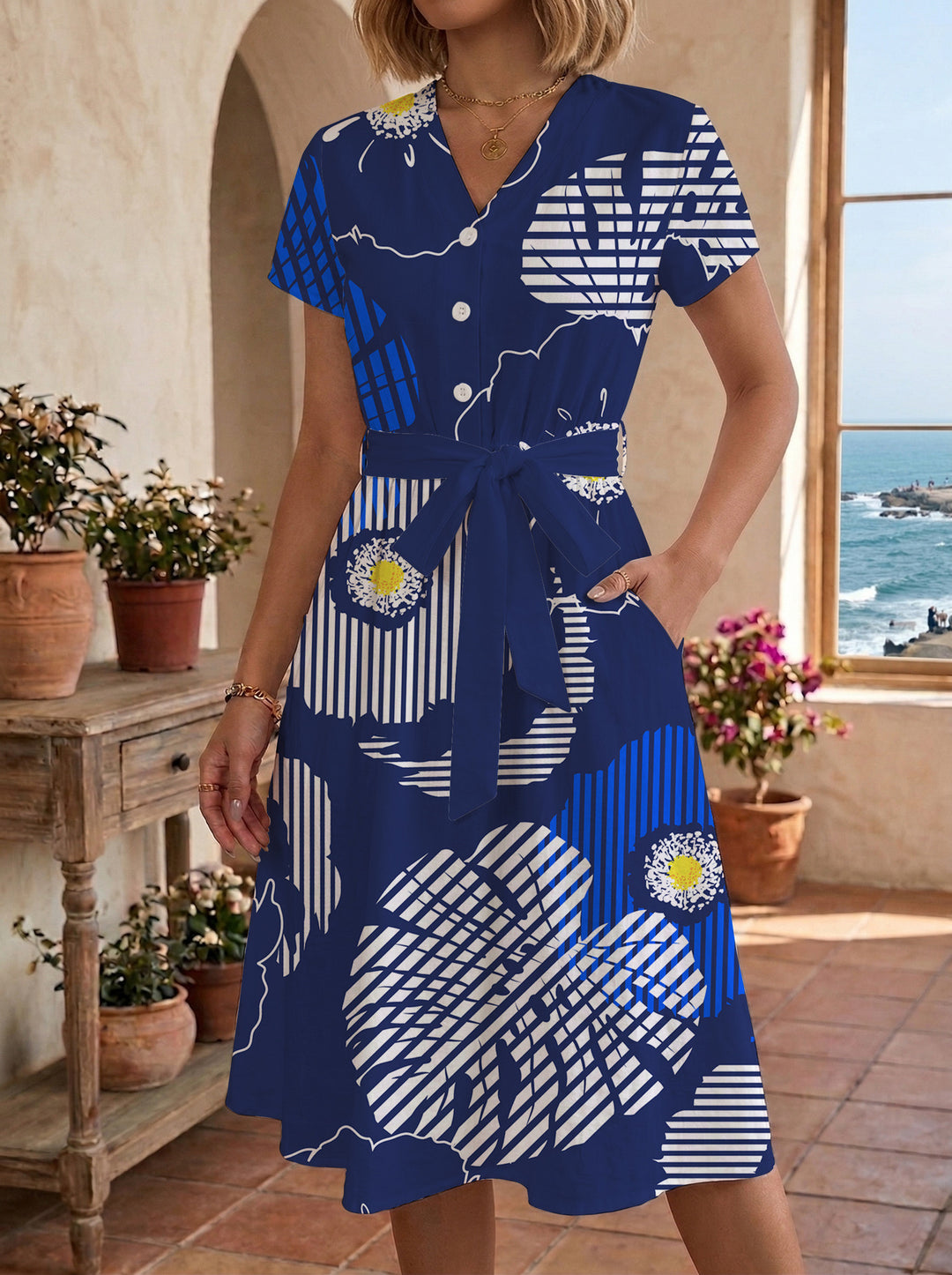 Damen Midi-Kleid mit floralem Design und bequemer Passform Drune
