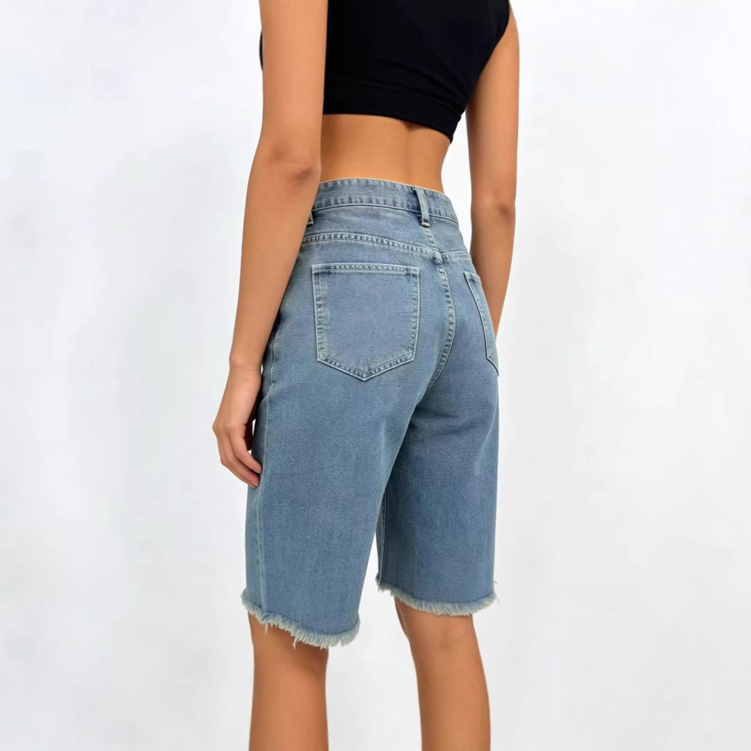 Damen lässige Denim-Shorts mit ausgefransten Säumen und hoher Taille Drune