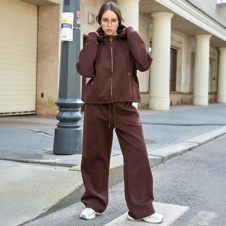 Damen lässiger Kapuzen-Sweatanzug mit breitem Schnitt und elastischem Bund Drune