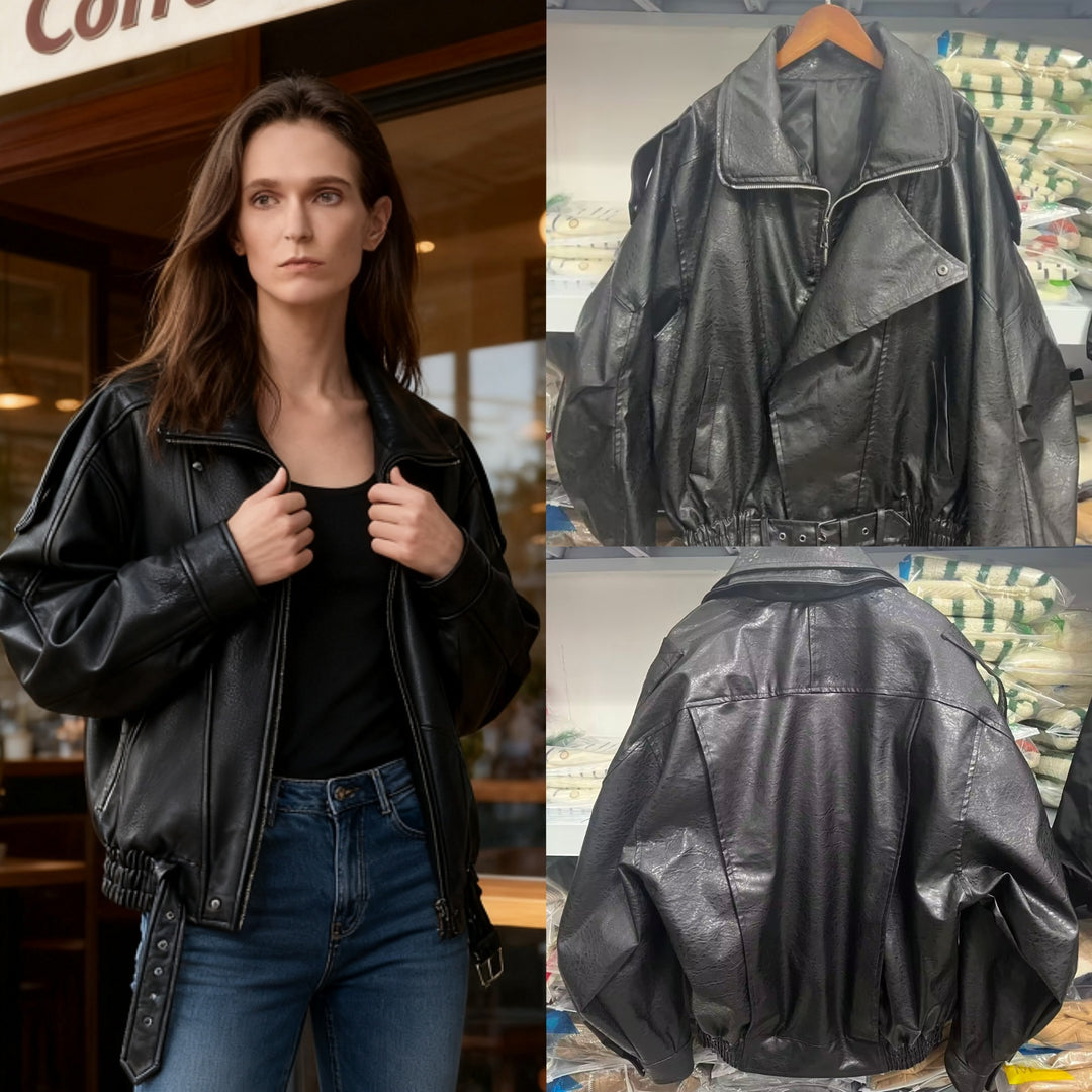 Damen modische Kunstlederjacke mit asymmetrischem Schnitt und dekorativem Gürtel Drune