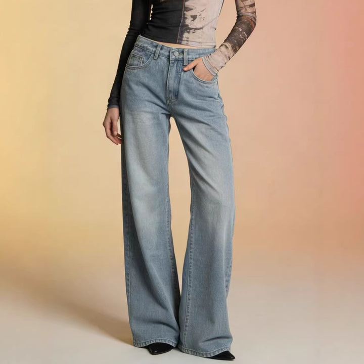 Damen weite Denim-Hose mit Vintage-Waschung und hoch geschnittenem Bund Drune