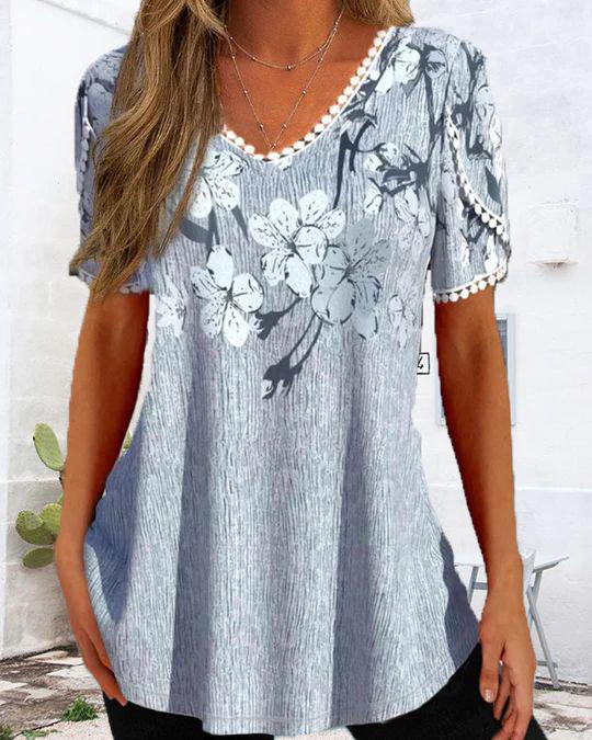 Damen nan legeres V-Ausschnitt-Tunikashirt mit floralem Muster und Pomponbesatz Drune