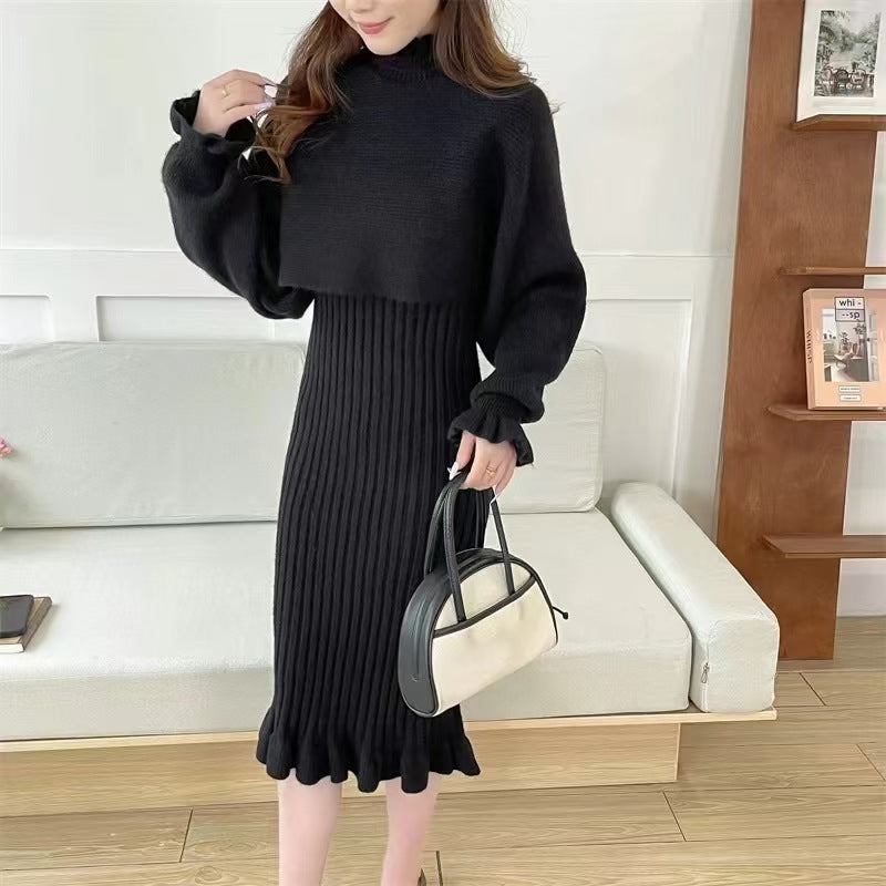 Damen Strickkleid mit hochgeschlossenem Kragen und Rippstruktur Drune