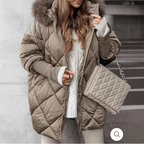 Damen Oversized Steppjacke mit abnehmbarem Kunstfellkragen Drune