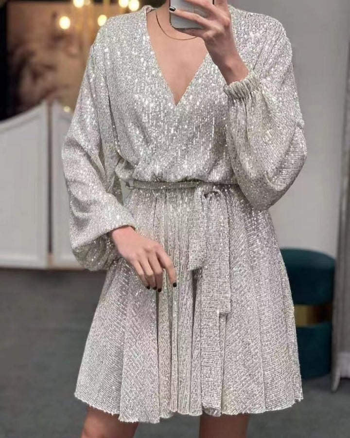 Damen Glitzerndes Mini-Kleid mit V-Ausschnitt und eleganten Puffärmeln Drune