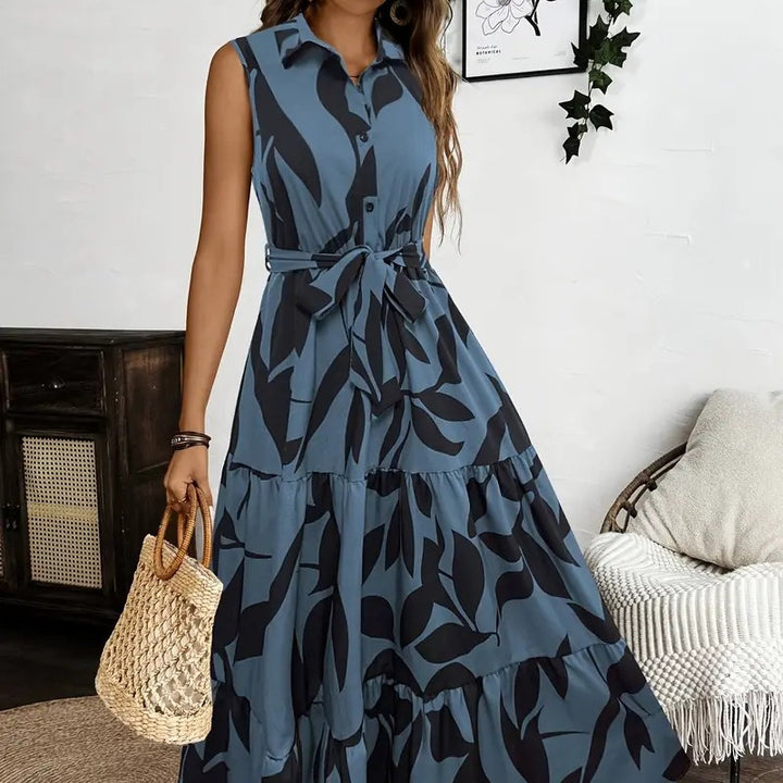 Damen Maxi-Kleid mit maskulinem Blätterdruck und tailliertem Gürtel Drune