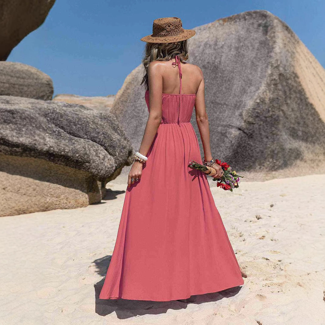 Damen Sommerliches Maxikleid mit gerafftem Melange-Design und schmalem Y-Ausschnitt Drune