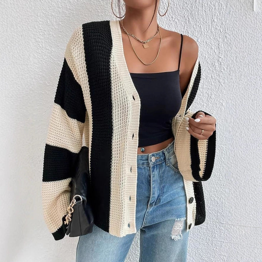 Damen stylische Strickjacke mit breiten Blockstreifen Drune