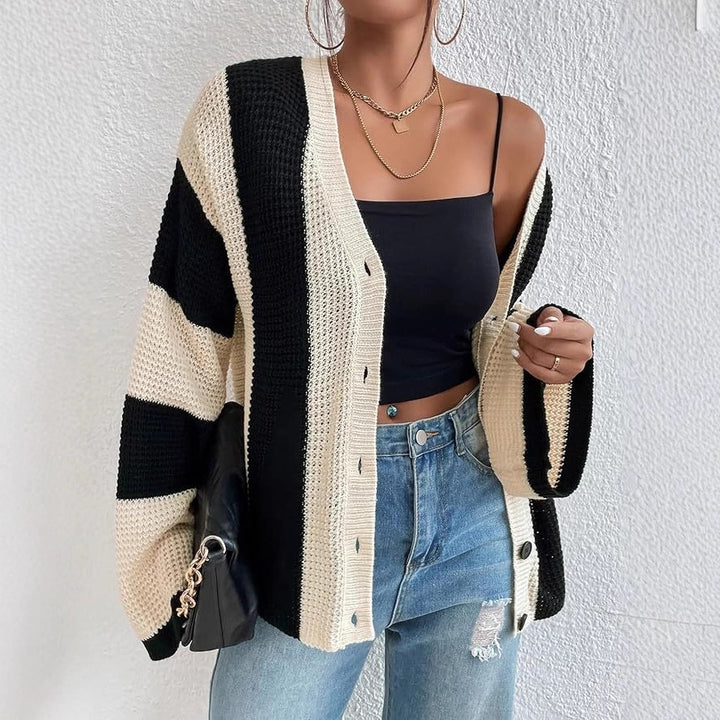 Damen stylische Strickjacke mit breiten Blockstreifen Drune
