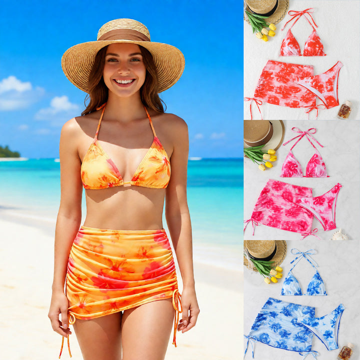 Damen Triangel-Bikini-Set mit verstellbaren Trägern und floralem Wickelrock Drune