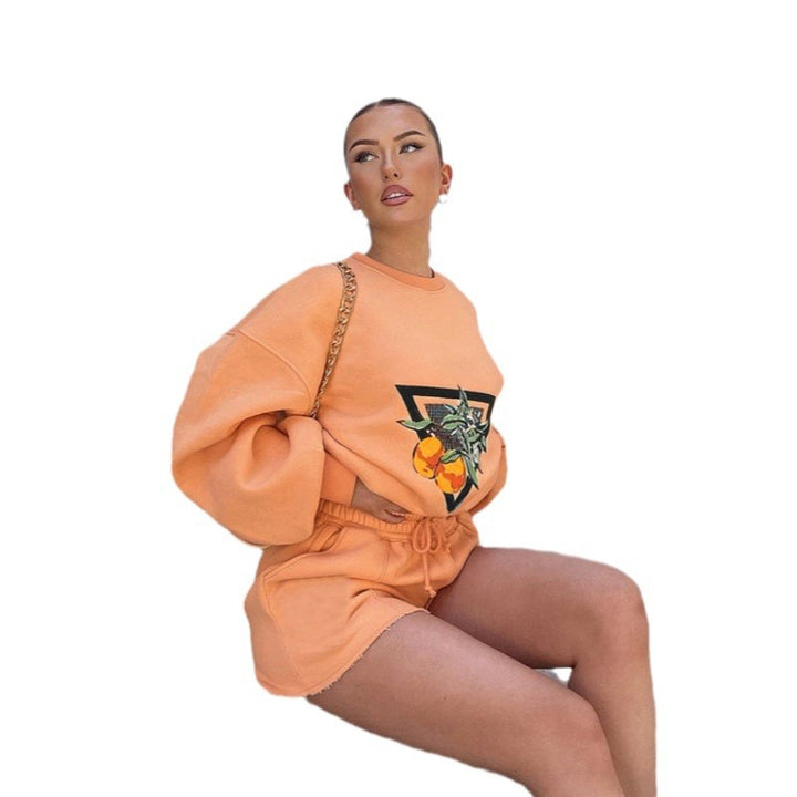 Damen nan Casual-Set aus Sweatshirt mit illustrativer Orangen-Stickerei und taillierten High-Waist-Shorts Drune