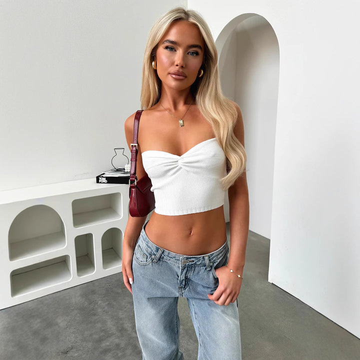 Damen Kurzarm Top mit elegantem Herz-Ausschnitt und geripptem Material Drune