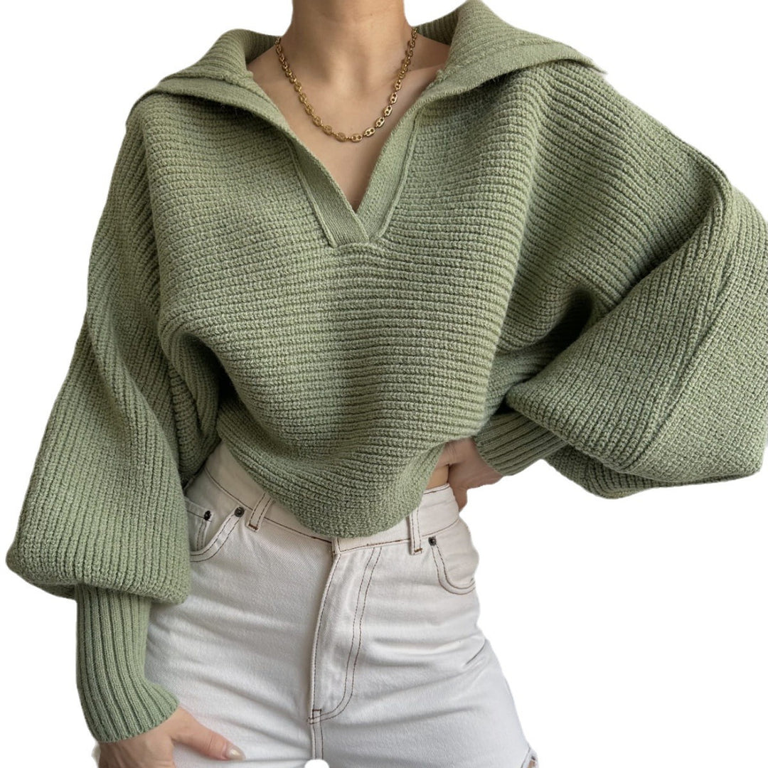 Damen nan Grobstrick-Pullover mit weitem Kragen und V-Ausschnitt Drune