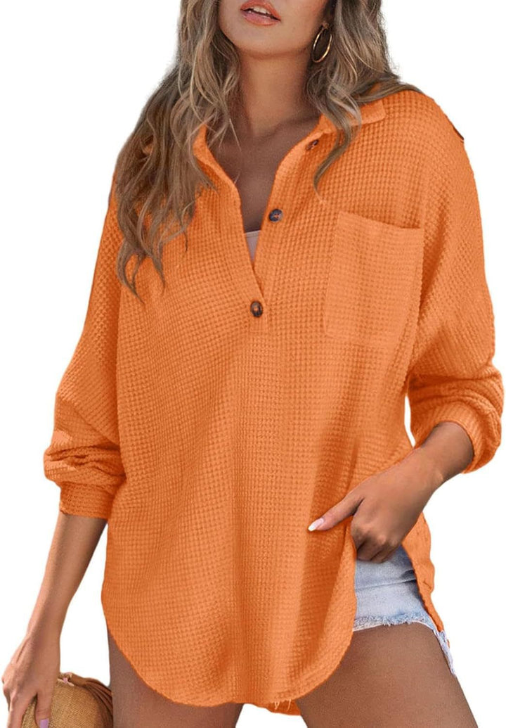 Damen lässiges Waffelshirt mit Knopfdetails und Taschen Drune