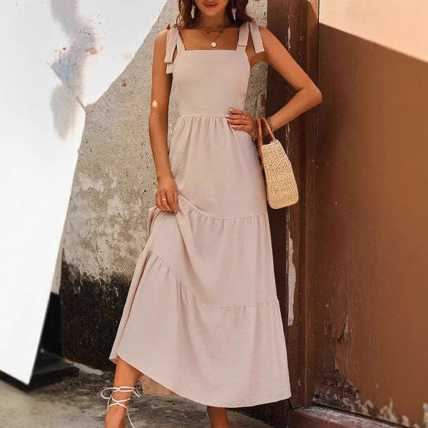 Damen lässiges tief ausgeschnittenes Maxikleid mit Rüschen und verstellbaren Trägern Drune