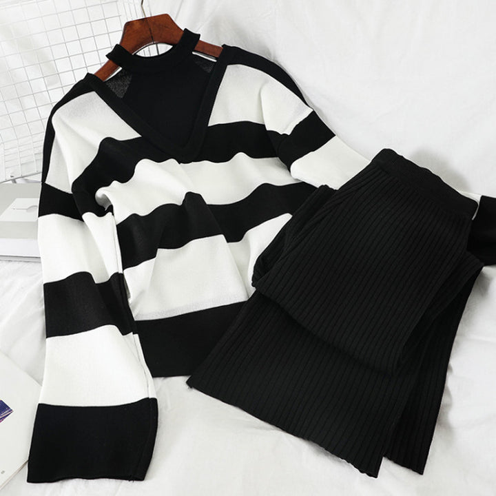 Damen modisches Strick-Loungewear-Set mit Streifenmuster und hohem Kragen Drune