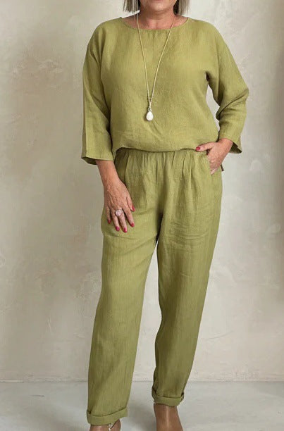 Damen Lässiges Leinen-Set mit weit geschnittenem Oberteil und bequemen Hosen Drune