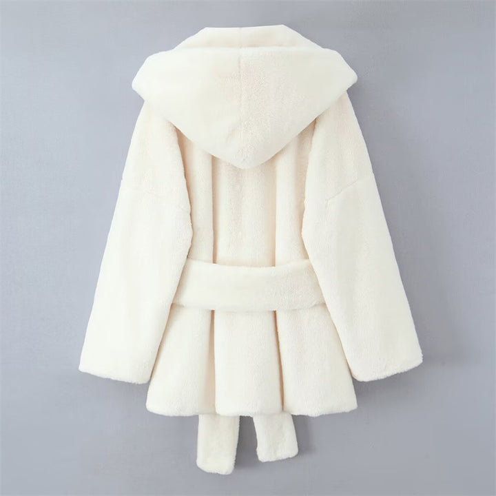 Damen kuschelige Fleecejacke mit Kapuze und Gürtel Drune