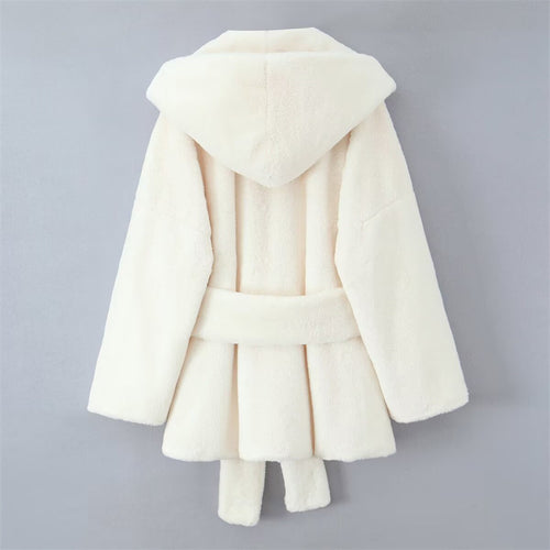 Damen kuschelige Fleecejacke mit Kapuze und Gürtel Drune