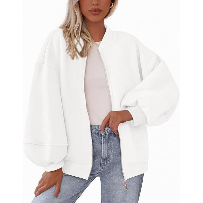 Damen lässige Oversized-Jacke mit Reißverschluss und ballonen Ärmeln Drune