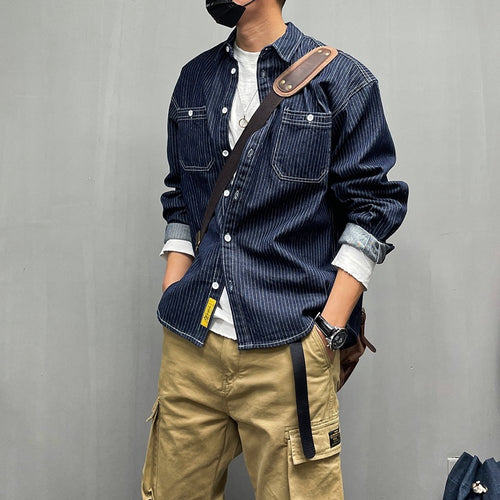 Herren lässiges Denim-Hemd mit vertikalem Streifenmuster und praktischen Brusttaschen Drune