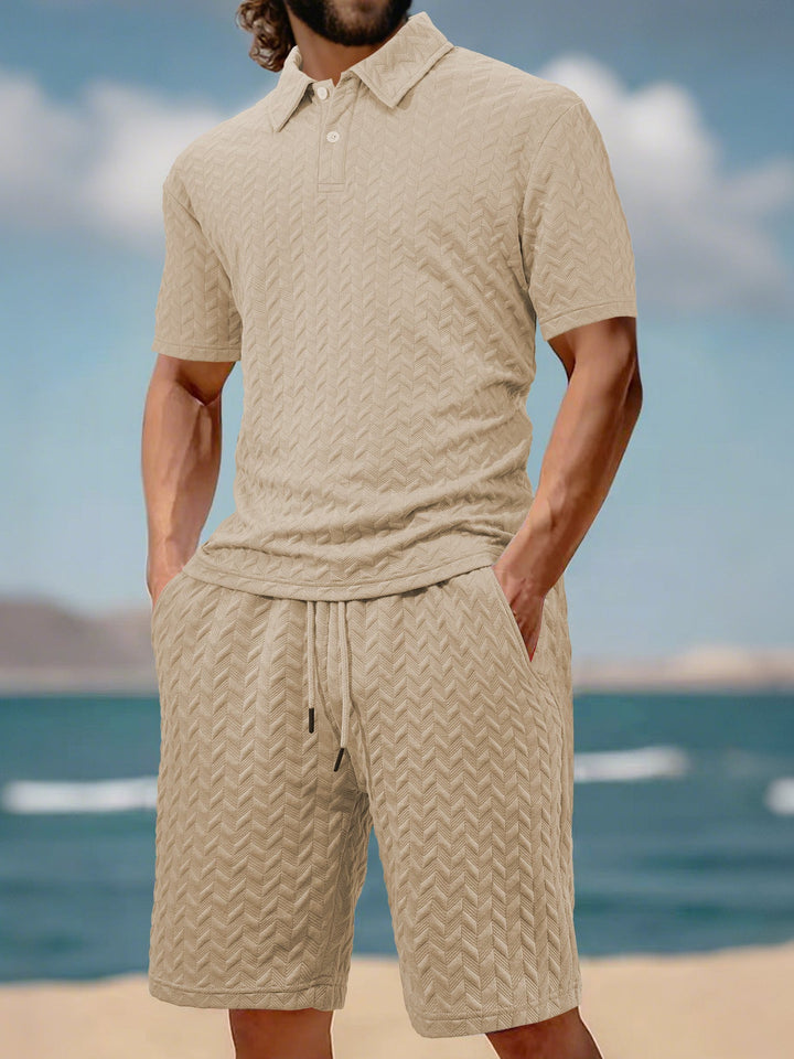 Herren nan geprägtes Strand-Ensemble mit offenem Kurzarm-Hemd und Kordel-Bermuda Drune