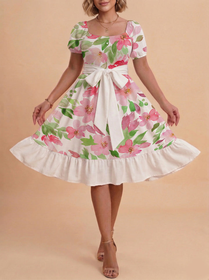 Damen A-Linien-Kleid mit floralen Motiven und taillierbarem Gürtel Drune