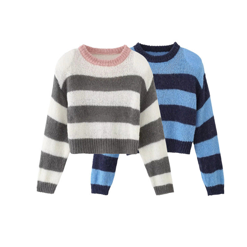 Damen Cropped Strickpullover mit maritimem Streifenmuster und Rundhalsausschnitt Drune