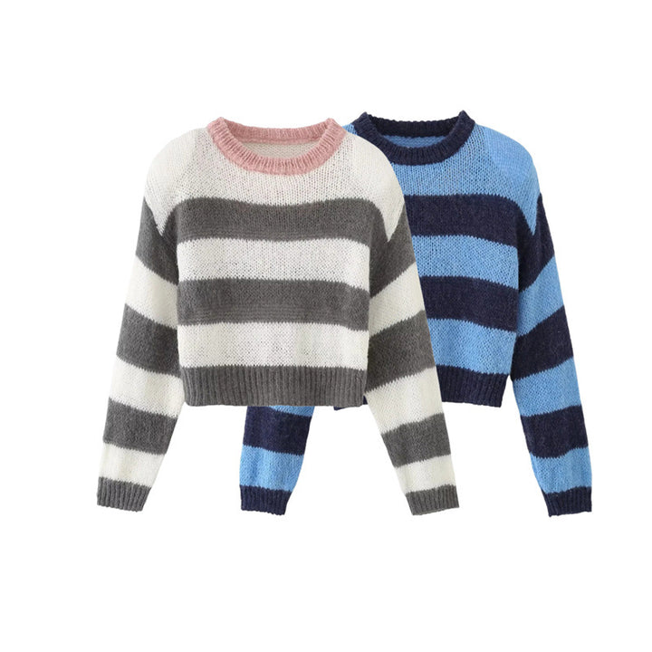 Damen Cropped Strickpullover mit maritimem Streifenmuster und Rundhalsausschnitt Drune