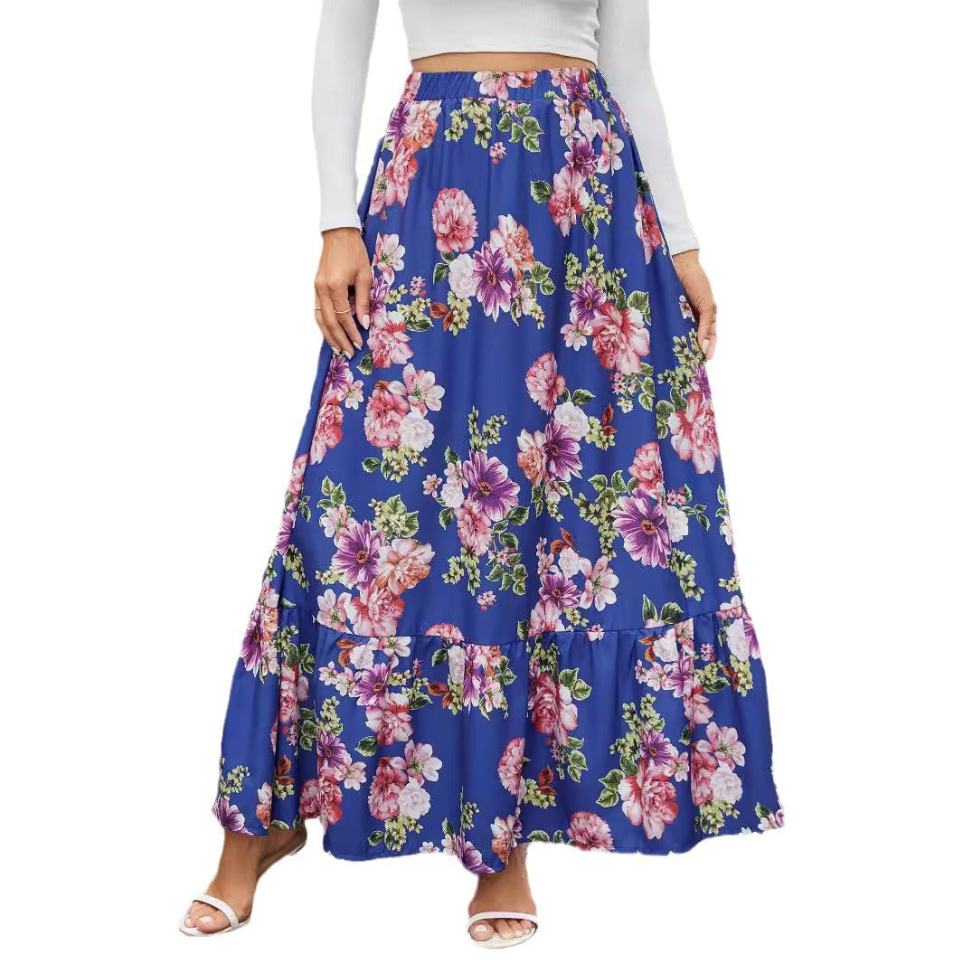 Damen Maxi-Rock mit fröhlichem Blumenmuster und voluminösem Stufenansatz Drune