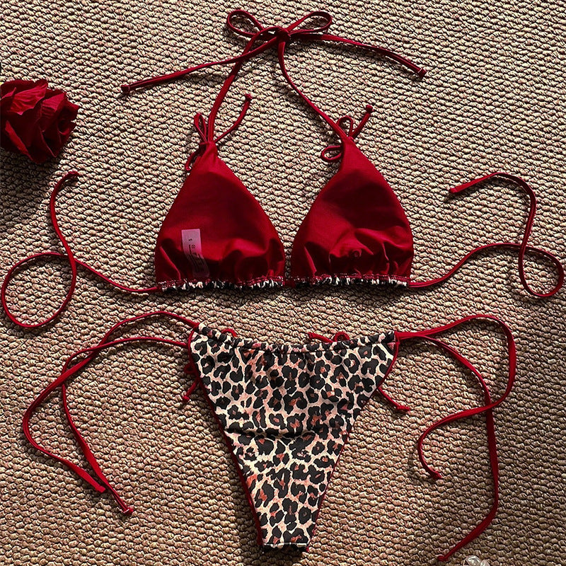 Damen Triangel-Bikini mit Leopardenmuster und raffinierten Schnürdetails Drune