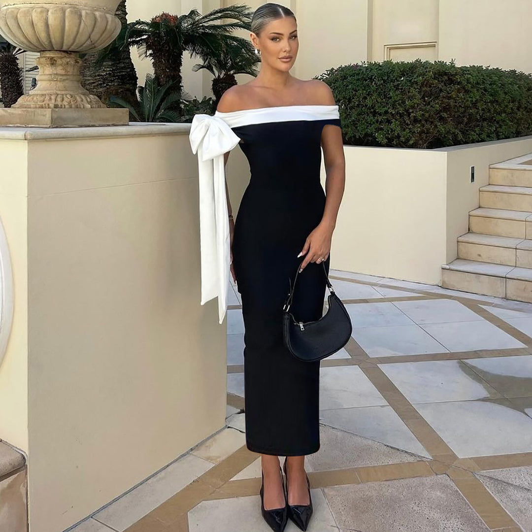 Damen Elegantes Maxikleid mit schulterfreiem Design und dekorativem Schleifendetail Drune
