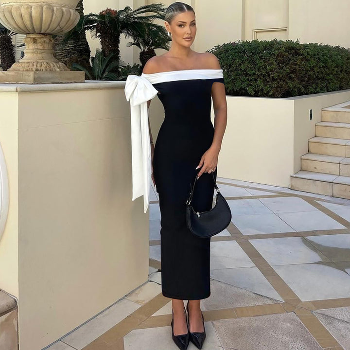 Damen Elegantes Maxikleid mit schulterfreiem Design und dekorativem Schleifendetail Drune