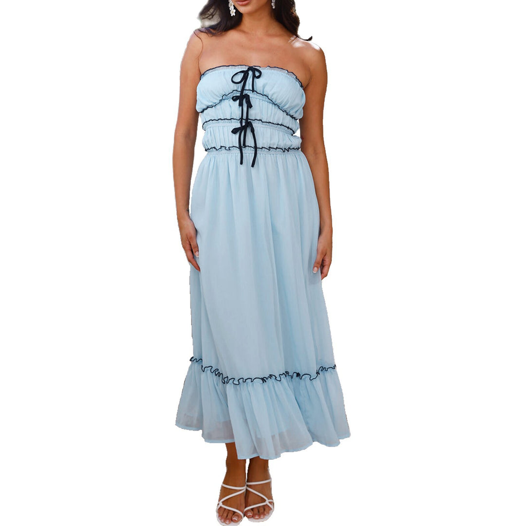 Damen Maxikleid mit dekorativen Rüschendetails und verstellbarem Bindegürtel Drune