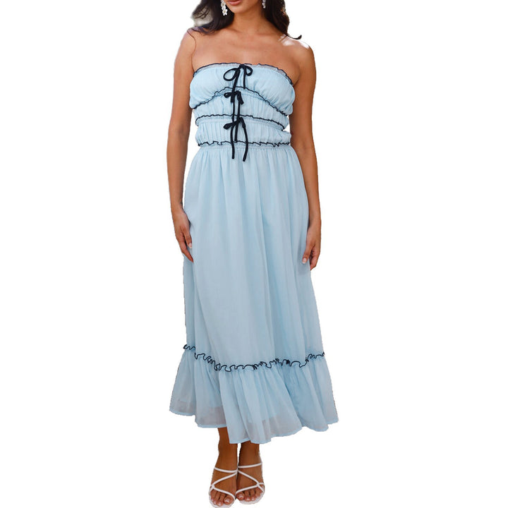 Damen Maxikleid mit dekorativen Rüschendetails und verstellbarem Bindegürtel Drune