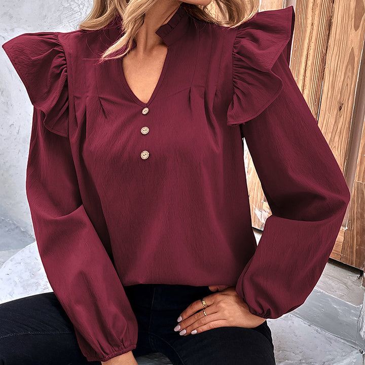 Damen elegante Bluse mit Rüschenärmeln und Knopfdetails Drune