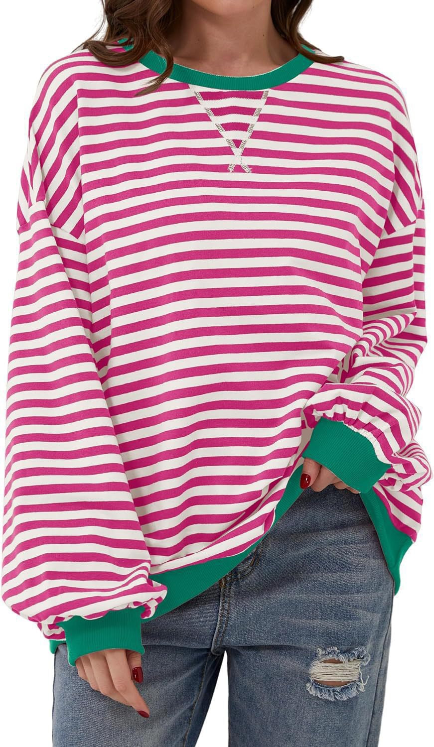Damen Cozy Übergroßer Gestreifter Pullover Sweatshirt Drune